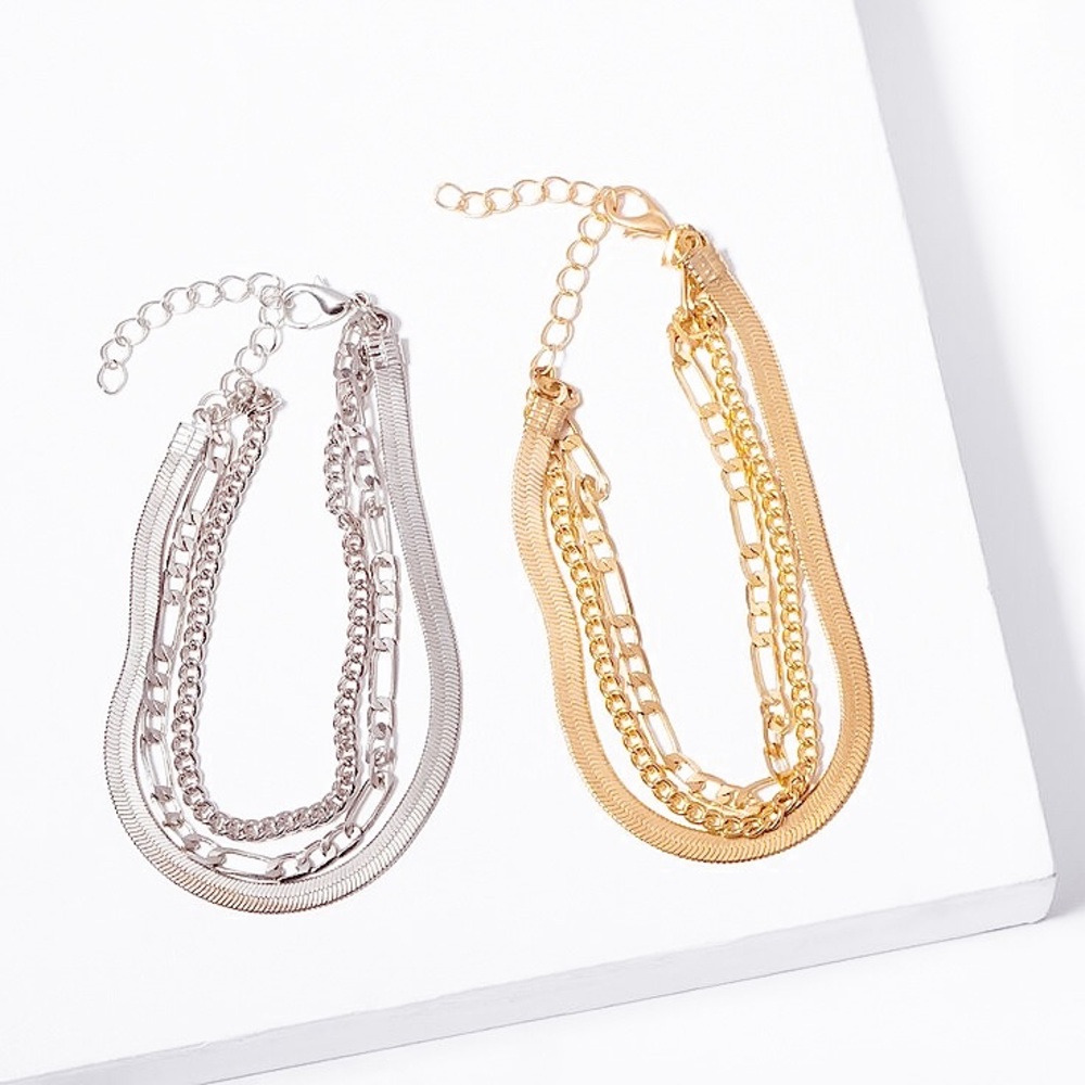 🧡10/$45🧡NEW 3 Layered Herringbone, Figaro, Curb Chain Bracelet - Picture 8 of 8